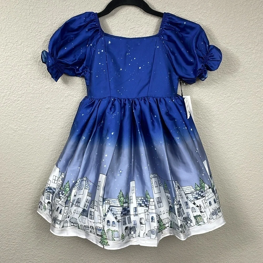 NWT Pippa & Julie Camilla Starry Night Whimsical Townscape Houses Dress Girls 5